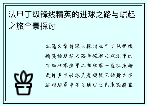 法甲丁级锋线精英的进球之路与崛起之旅全景探讨